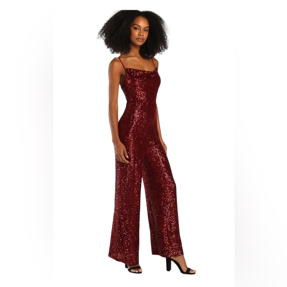 Lulu's Burgundy Sequin Wide-Leg Jumpsuit